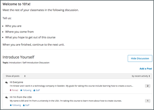 A discussion topic that appears below text inside the course.