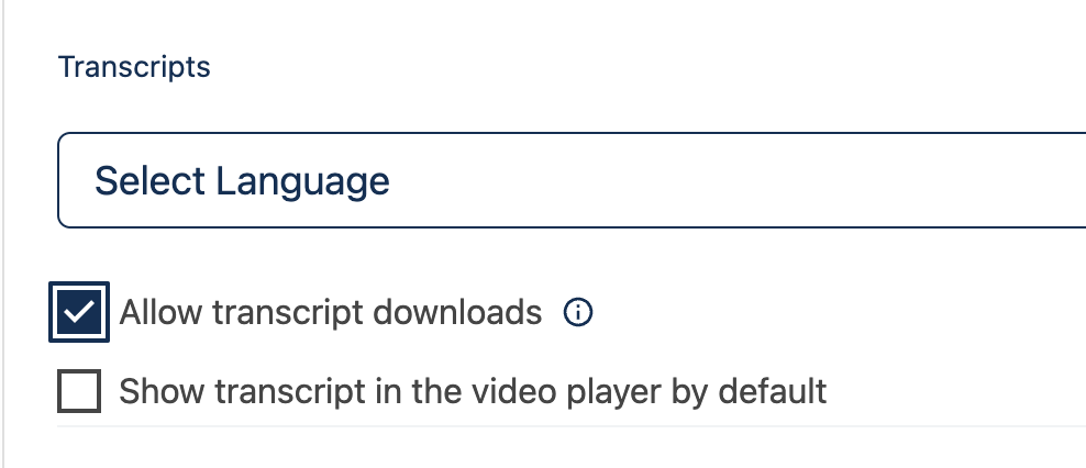 The video editor with the Add a Transcript language picker shown.