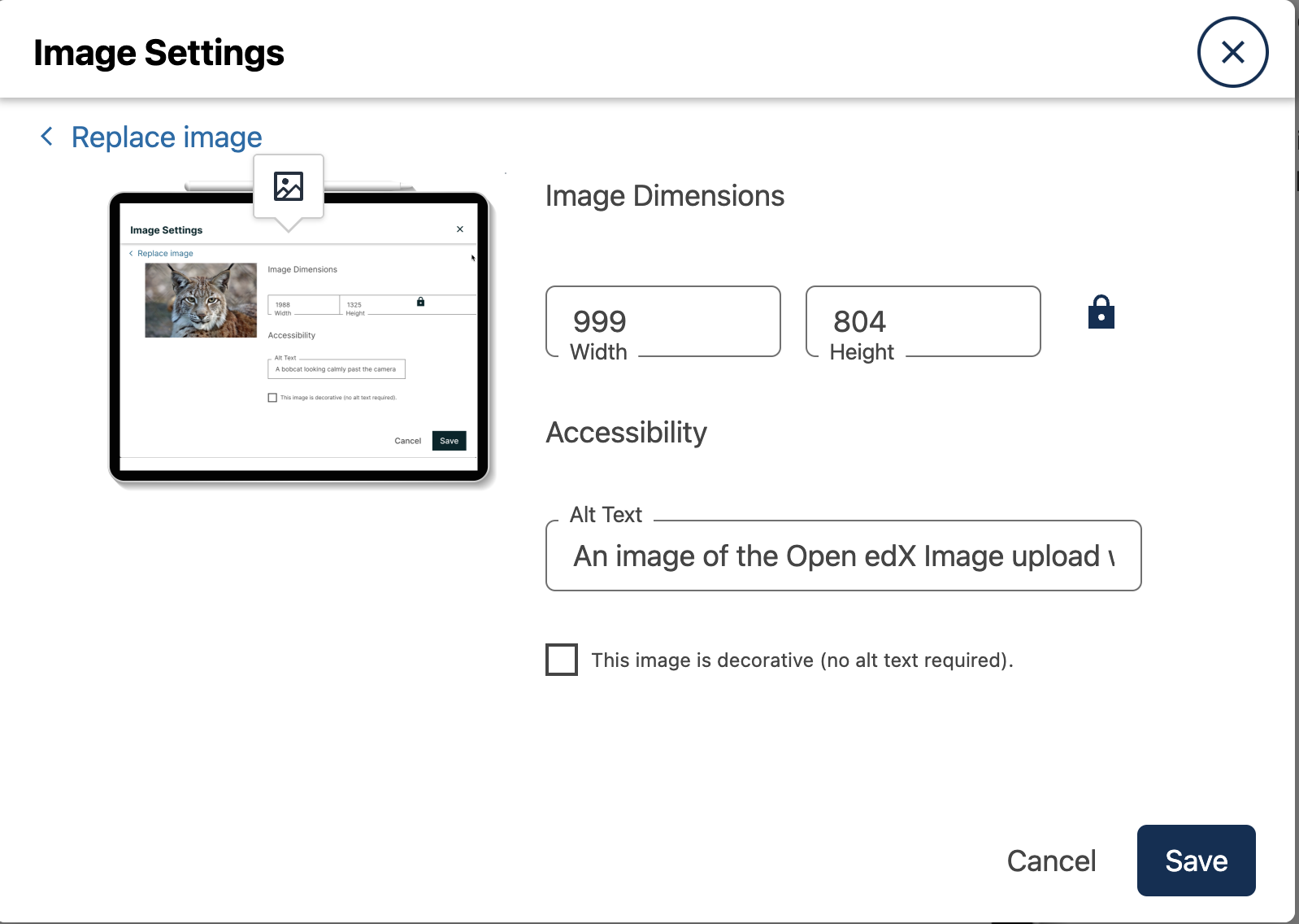 The image editor with the alt-text form field. There is also a checkbox, "This image is decorative (no alt text required)."