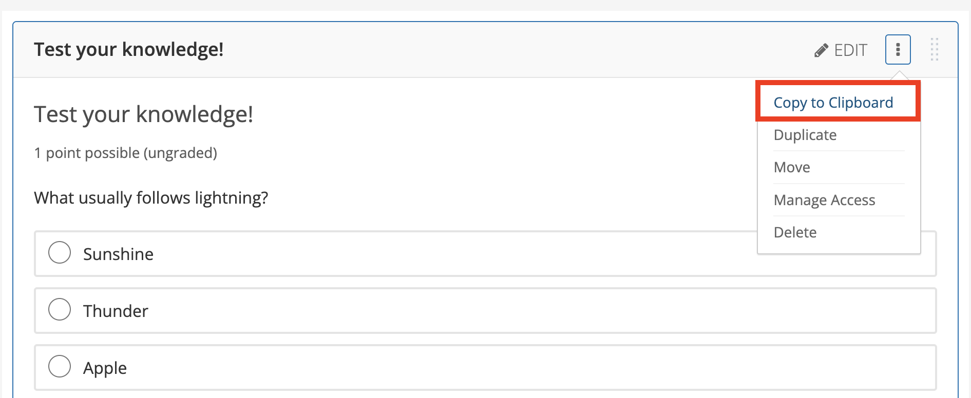 A screenshot of the actions hamburger expanded to show the "Copy to Clipboard" option