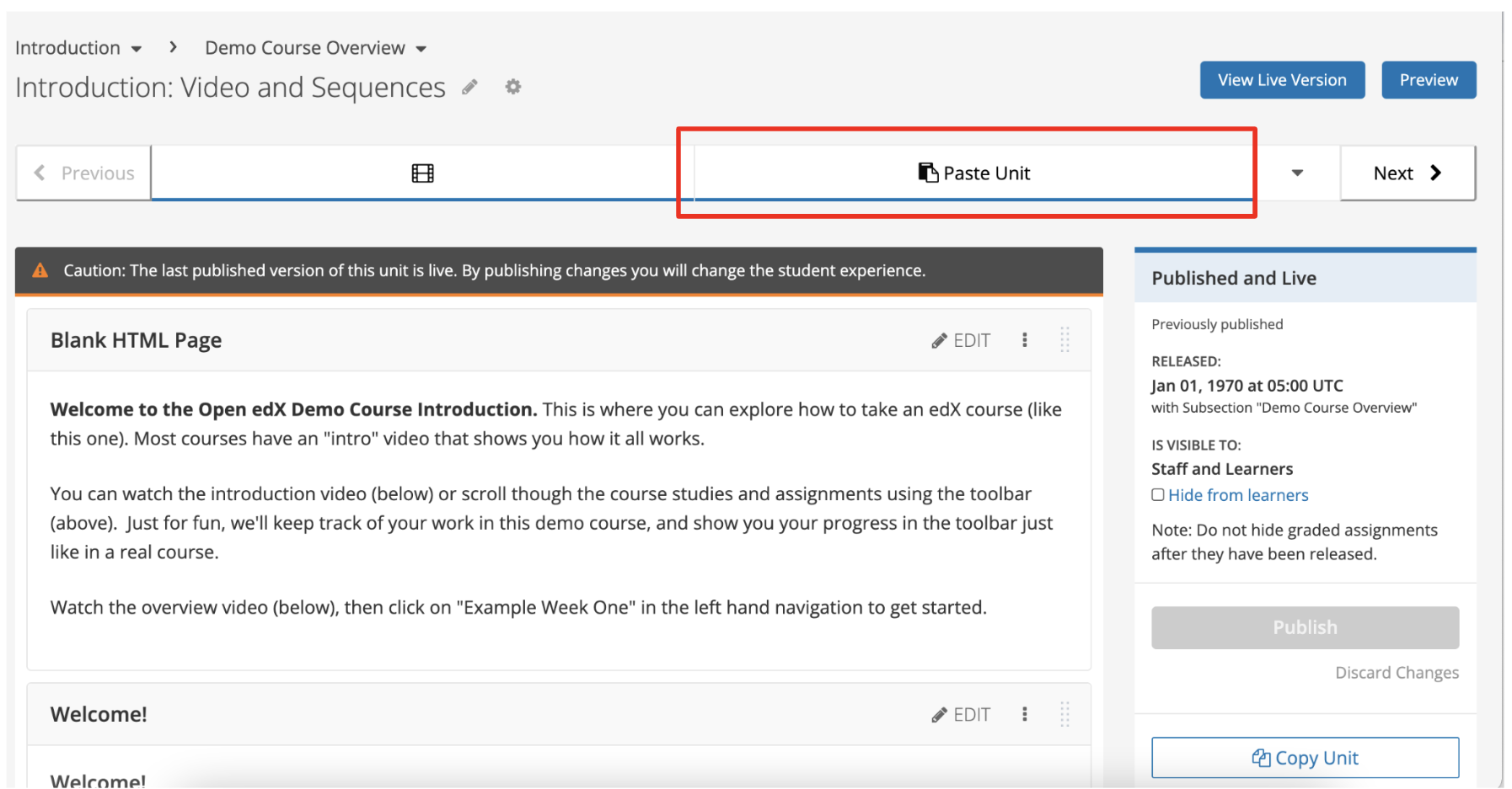The "Paste Unit" button in the horizontal nav bar is shown