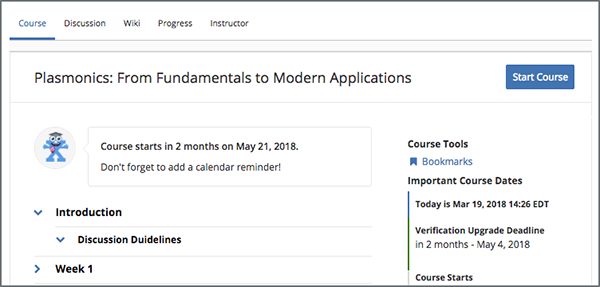 The course outline, showing green check marks for completed content.