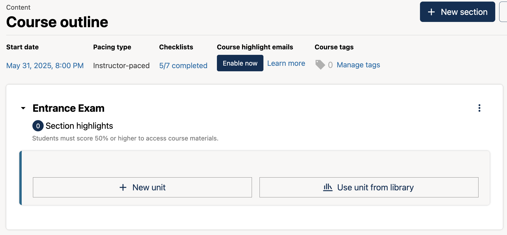 The "Entrance Exam" appears as a section at the top of the course outline, above all other course sections