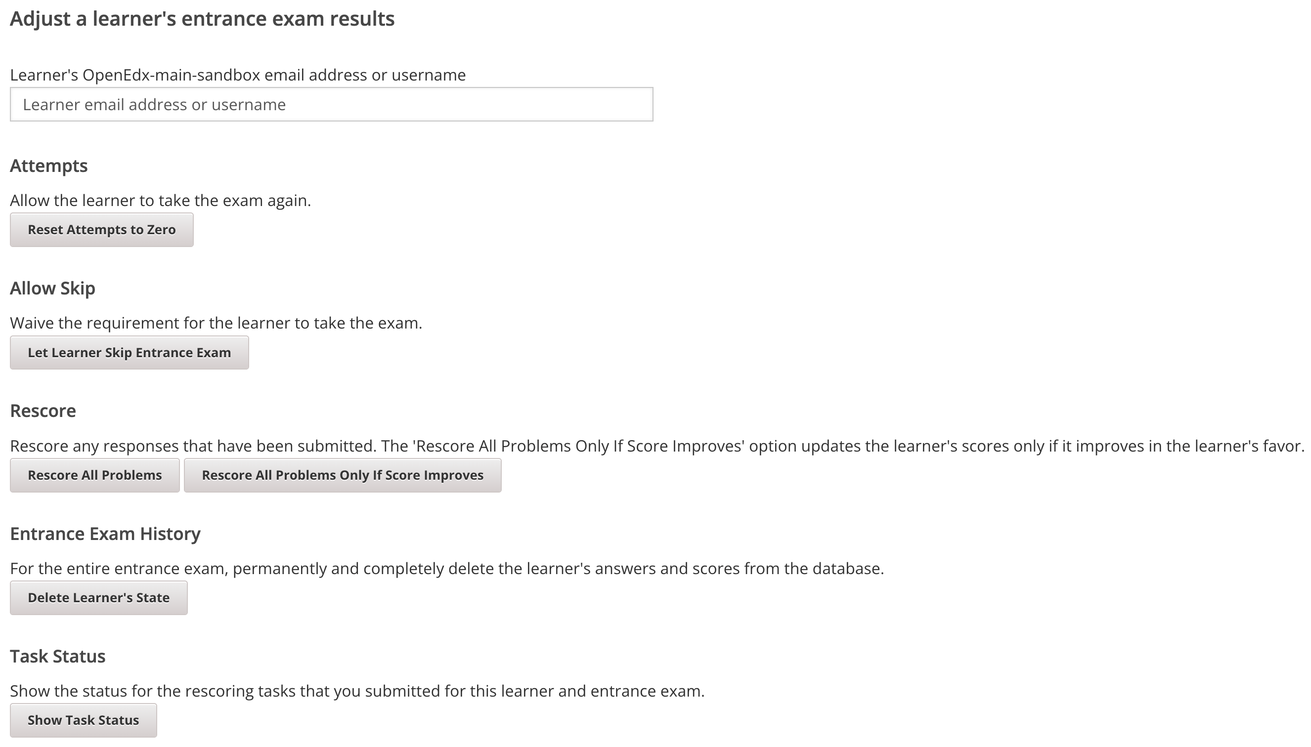 The Entrance Exam Grade Adjust section of the Instructor Dashboard