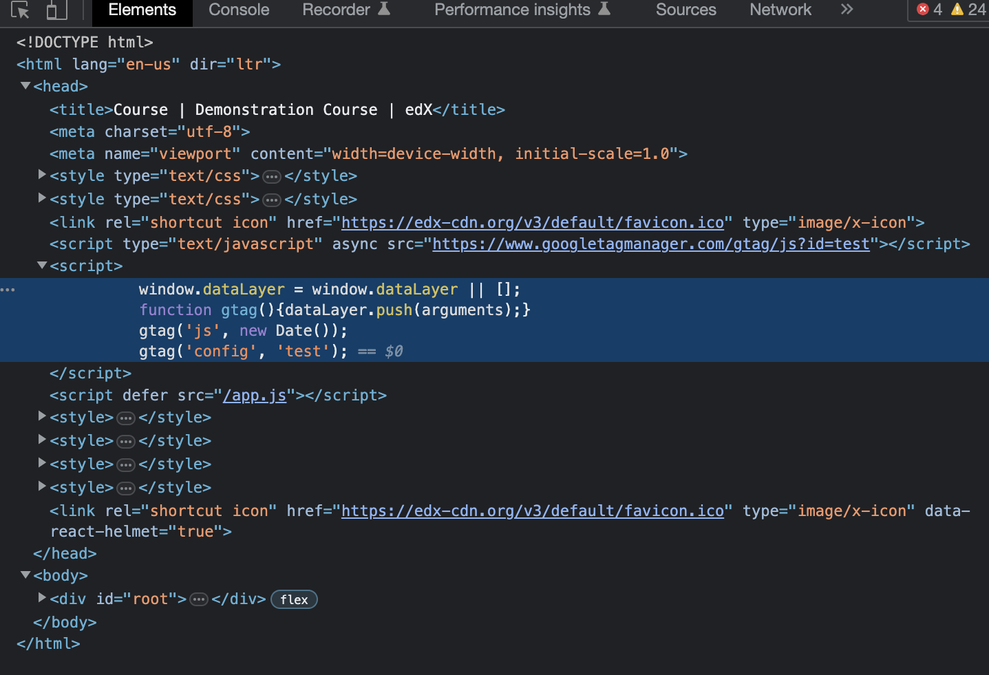 A screenshot of the source code showing where to locate the GA4 snippet.