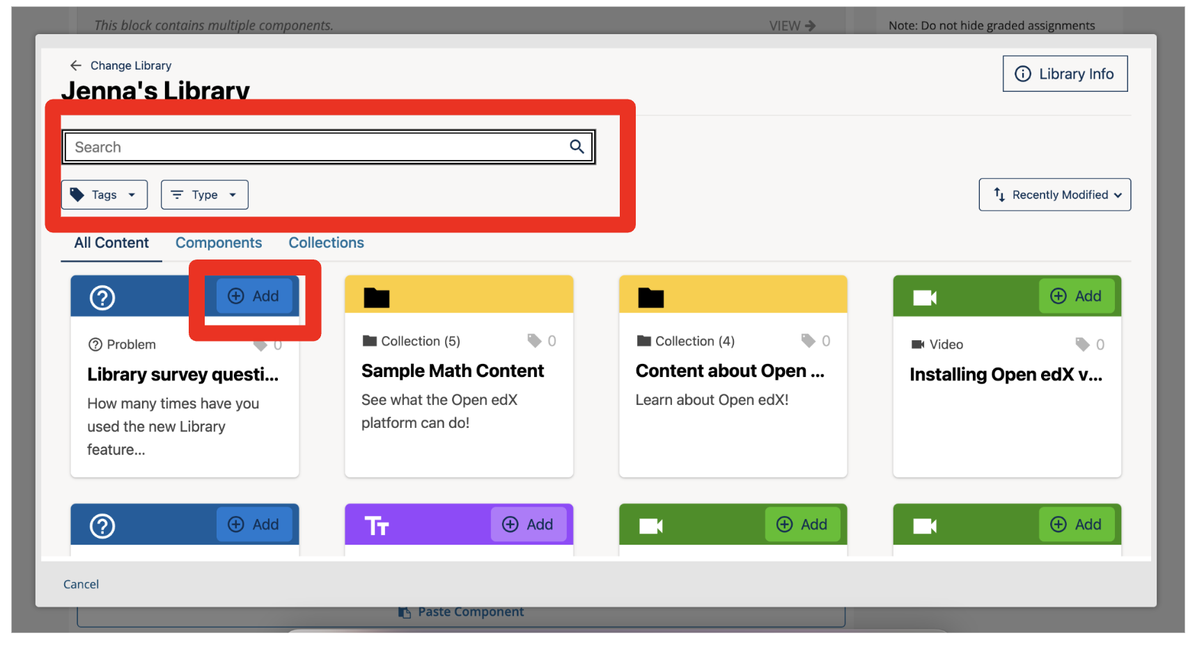 A screenshot of the Library, highlighting both the search box and the Add button on the content card