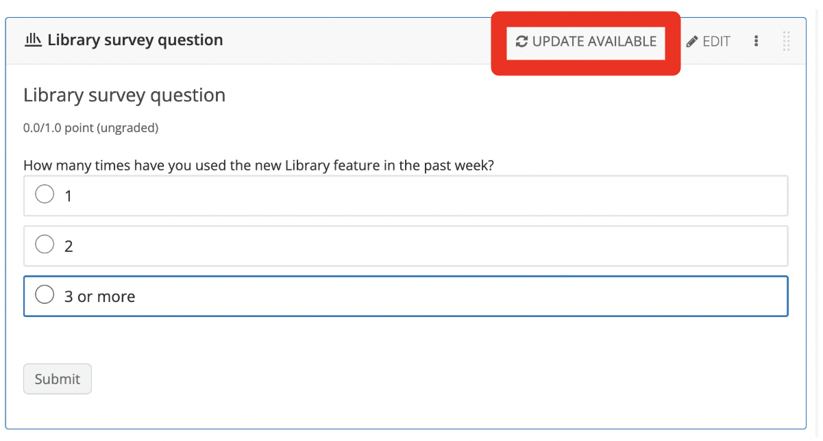 A screenshot of a course content unit with an UPDATE AVAILABLE button in the top right corner