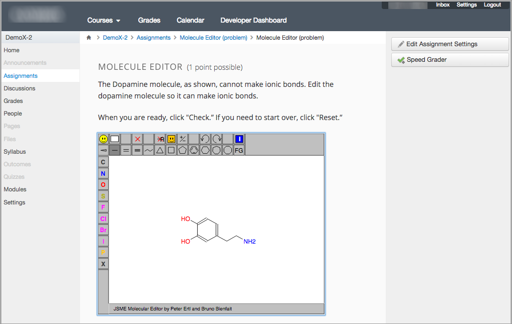 An Open edX molecule builder problem shown as part of a course running on a Canvas system.