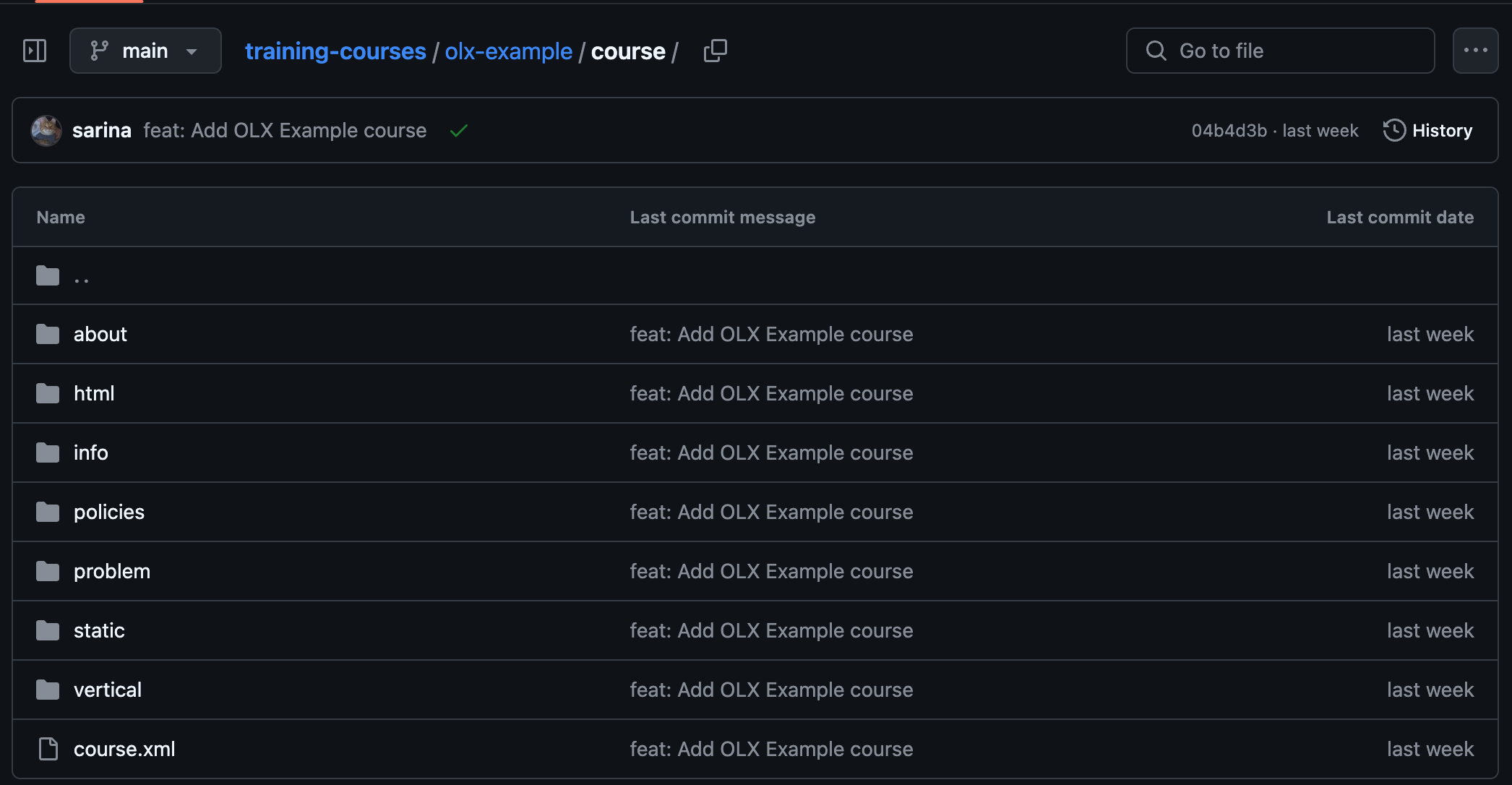 The olx_example_course in GitHub, showing the file structure of the ``course/`` directory.