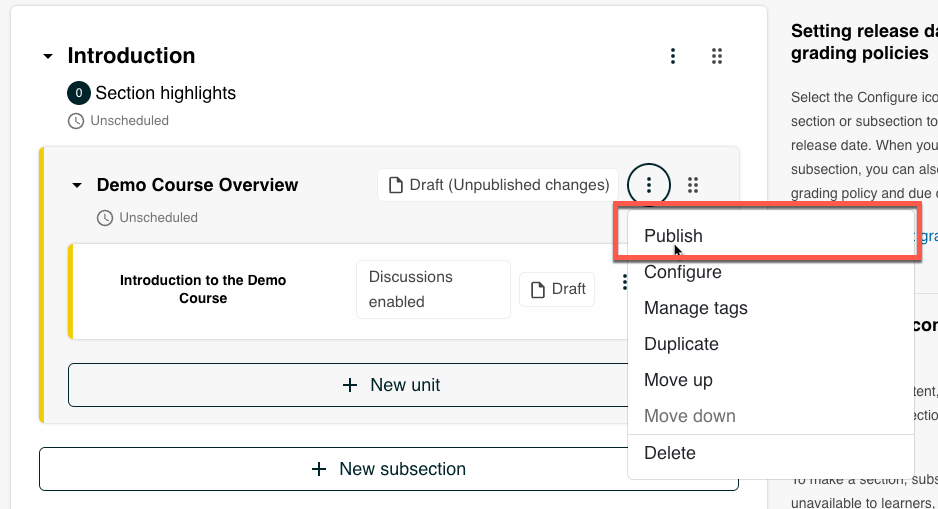 Part of a course outline with the publishing icon for a subsection circled.
