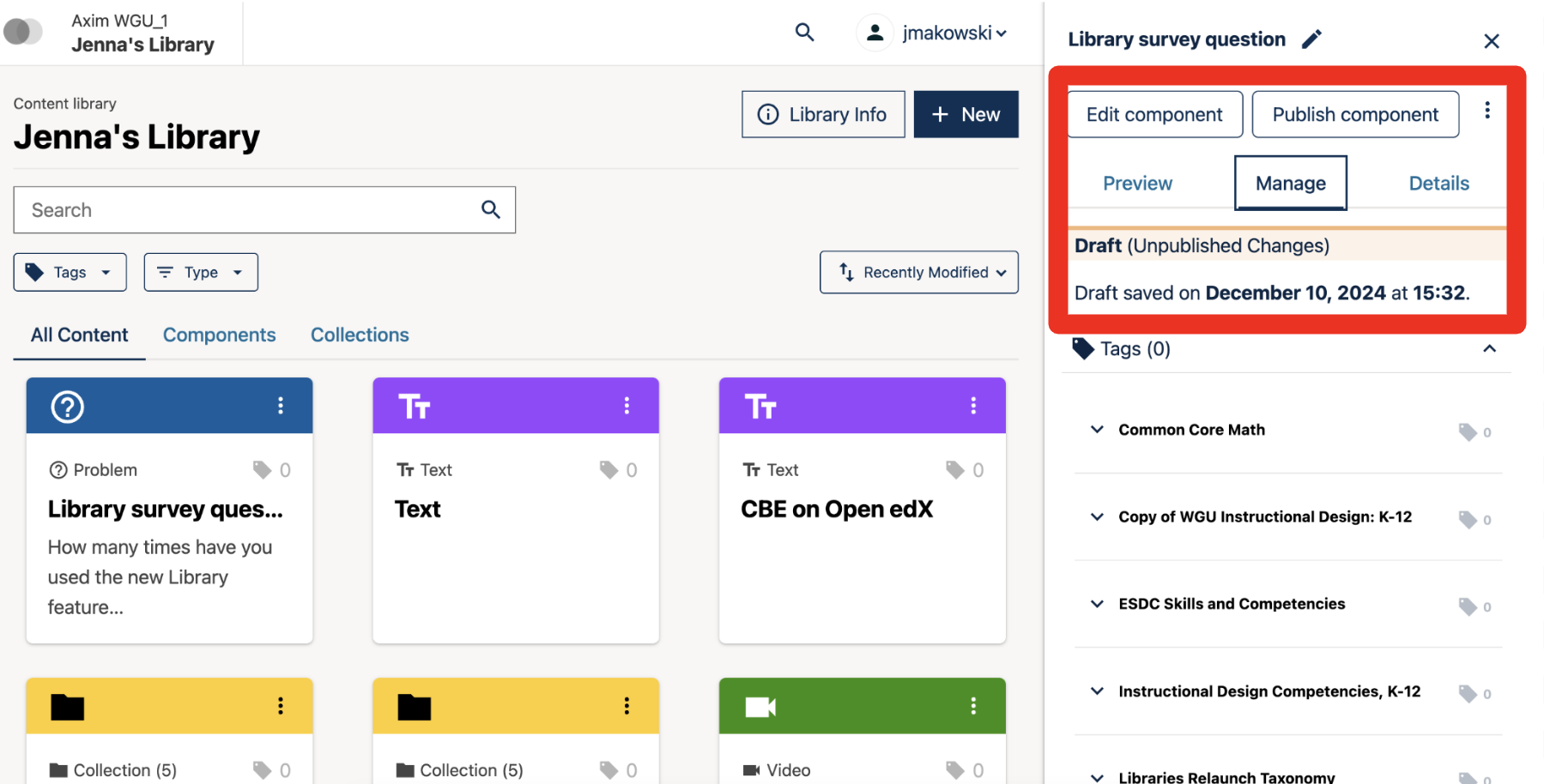 A screenshot of the Publish Component button on the top right of the right-hand sidebar. The Manage tab appears below the button.